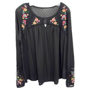 Time Tru‎ XL Top 16W 18W Embroidered Swiss Dot Mesh Lace Black Peasant 336